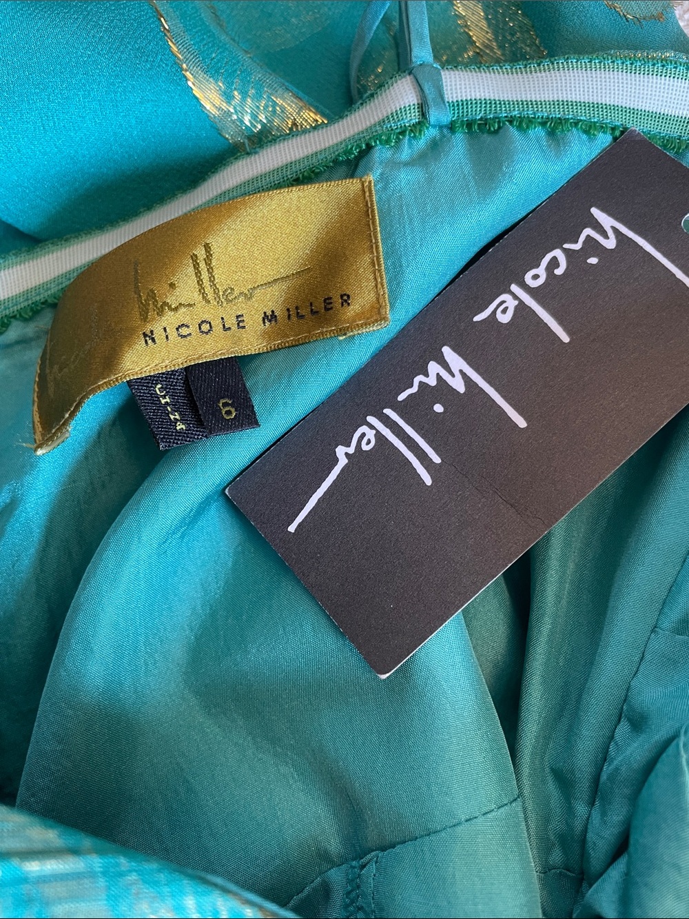 NWT Silk Nicole Miller Teal Strapless Maxi Dress Gold Foil Detail Size 6 - Picture 7 of 14